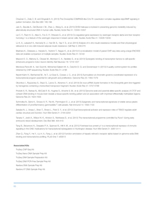 93
Chauhan C., Zraly C. B. and Dingwall A. K. (2013) The Drosophila COMPASS-like Cmi-Trr coactivator complex regulates dpp/BMP signaling in
pattern formation. Dev Biol 380: 185-198
Jain A., Bacolla A., Del Mundo I. M., Zhao J., Wang G., et al. (2013) DHX9 helicase is involved in preventing genomic instability induced by
alternatively structured DNA in human cells. Nucleic Acids Res 41: 10345-10357
Lai C. F., Flach K. D., Alexi X., Fox S. P., Ottaviani S., et al. (2013) Co-regulated gene expression by oestrogen receptor alpha and liver receptor
homolog-1 is a feature of the oestrogen response in breast cancer cells. Nucleic Acids Res 41: 10228-10240
Lo K. A., Labadorf A., Kennedy N. J., Han M. S., Yap Y. S., et al. (2013) Analysis of in vitro insulin-resistance models and their physiological
relevance to in vivo diet-induced adipose insulin resistance. Cell Rep 5: 259-270
Maehara K., Odawara J., Harada A., Yoshimi T., Nagao K., et al. (2013) A co-localization model of paired ChIP-seq data using a large ENCODE
data set enables comparison of multiple samples. Nucleic Acids Res 41: 54-62
Mazzoni E. O., Mahony S., Closser M., Morrison C. A., Nedelec S., et al. (2013) Synergistic binding of transcription factors to cell-specific
enhancers programs motor neuron identity. Nat Neurosci 16: 1219-1227
Mendoza-Parra M. A., Van Gool W., Mohamed Saleem M. A., Ceschin D. G. and Gronemeyer H. (2013) A quality control system for profiles
obtained by ChIP sequencing. Nucleic Acids Res 41: e196
Neyret-Kahn H., Benhamed M., Ye T., Le Gras S., Cossec J. C., et al. (2013) Sumoylation at chromatin governs coordinated repression of a
transcriptional program essential for cell growth and proliferation. Genome Res 23: 1563-1579
Olovnikov I., Ryazansky S., Shpiz S., Lavrov S., Abramov Y., et al. (2013) De novo piRNA cluster formation in the Drosophila germ line triggered
by transgenes containing a transcribed transposon fragment. Nucleic Acids Res 41: 5757-5768
Prickett A. R., Barkas N., McCole R. B., Hughes S., Amante S. M., et al. (2013) Genome-wide and parental allele-specific analysis of CTCF and
cohesin DNA binding in mouse brain reveals a tissue-specific binding pattern and an association with imprinted differentially methylated regions.
Genome Res 23: 1624-1635
Schmolka N., Serre K., Grosso A. R., Rei M., Pennington D. J., et al. (2013) Epigenetic and transcriptional signatures of stable versus plastic
differentiation of proinflammatory gammadelta T cell subsets. Nat Immunol 14: 1093-1100
Sakabe N. J., Aneas I., Shen T., Shokri L., Park S. Y., et al. (2012) Dual transcriptional activator and repressor roles of TBX20 regulate adult
cardiac structure and function. Hum Mol Genet 21: 2194-2204
Tanaka Y., Joshi A., Wilson N. K., Kinston S., Nishikawa S., et al. (2012) The transcriptional programme controlled by Runx1 during early
embryonic blood development. Dev Biol 366: 404-419
Tang B., Becanovic K., Desplats P. A., Spencer B., Hill A. M., et al. (2012) Forkhead box protein p1 is a transcriptional repressor of immune
signaling in the CNS: implications for transcriptional dysregulation in Huntington disease. Hum Mol Genet 21: 3097-3111
Zhan Q., Fang Y., He Y., Liu H. X., Fang J., et al. (2012) Function annotation of hepatic retinoid x receptor alpha based on genome-wide DNA
binding and transcriptome profiling. PLoS One 7: e50013
Associated Kits
TruSeq ChIP-Seq Kit
TruSeq Nano DNA Sample Prep Kit
TruSeq DNA Sample Preparation Kit
TruSeq DNA PCR-Free Sample Prep Kit
Nextera DNA Sample Prep Kit
Nextera XT DNA Sample Prep Kit
 