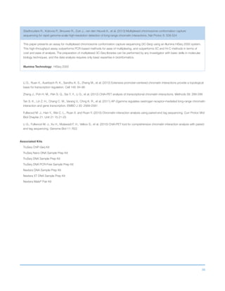 98
Stadhouders R., Kolovos P., Brouwer R., Zuin J., van den Heuvel A., et al. (2013) Multiplexed chromosome conformation capture
sequencing for rapid genome-scale high-resolution detection of long-range chromatin interactions. Nat Protoc 8: 509-524
This paper presents an assay for multiplexed chromosome conformation capture sequencing (3C-Seq) using an Illumina HiSeq 2000 system.
This high-throughput assay outperforms PCR-based methods for ease of multiplexing, and outperforms 5C and Hi-C methods in terms of
cost and ease of analysis. The preparation of multiplexed 3C-Seq libraries can be performed by any investigator with basic skills in molecular
biology techniques, and the data analysis requires only basic expertise in bioinformatics.
Illumina Technology: HiSeq 2000
Li G., Ruan X., Auerbach R. K., Sandhu K. S., Zheng M., et al. (2012) Extensive promoter-centered chromatin interactions provide a topological
basis for transcription regulation. Cell 148: 84-98
Zhang J., Poh H. M., Peh S. Q., Sia Y. Y., Li G., et al. (2012) ChIA-PET analysis of transcriptional chromatin interactions. Methods 58: 289-299
Tan S. K., Lin Z. H., Chang C. W., Varang V., Chng K. R., et al. (2011) AP-2gamma regulates oestrogen receptor-mediated long-range chromatin
interaction and gene transcription. EMBO J 30: 2569-2581
Fullwood M. J., Han Y., Wei C. L., Ruan X. and Ruan Y. (2010) Chromatin interaction analysis using paired-end tag sequencing. Curr Protoc Mol
Biol Chapter 21: Unit 21 15 21-25
Li G., Fullwood M. J., Xu H., Mulawadi F. H., Velkov S., et al. (2010) ChIA-PET tool for comprehensive chromatin interaction analysis with paired-
end tag sequencing. Genome Biol 11: R22
Associated Kits
TruSeq ChIP-Seq Kit
TruSeq Nano DNA Sample Prep Kit
TruSeq DNA Sample Prep Kit
TruSeq DNA PCR-Free Sample Prep Kit
Nextera DNA Sample Prep Kit
Nextera XT DNA Sample Prep Kit
Nextera Mate®
Pair Kit
 