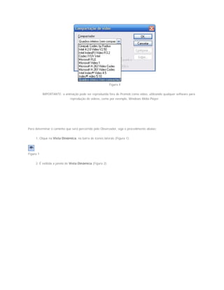 Figura 4
IMPORTANTE: a animação pode ser reproduzida fora do Promob como vídeo, utilizando qualquer software para
reprodução de vídeos, como por exemplo, Windows Mídia Player.
Para determinar o caminho que será percorrido pelo Observador, siga o procedimento abaixo:
1. Clique na Vista Dinâmica, na barra de ícones laterais (Figura 1);
Figura 1
2. É exibida a janela de Vista Dinâmica (Figura 2);
 