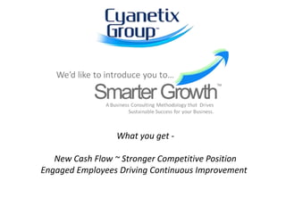 What you get - 
New Cash Flow ~ Stronger Competitive Position 
Engaged Employees Driving Continuous Improvement 
