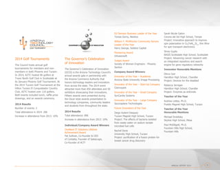 ANNUAL REPORT 2014 9
The Governor’s Celebration
of Innovation
The Governor’s Celebration of Innovation
(GCOI) is the Arizona Technology Council’s
annual awards gala in partnership with
the Arizona Commerce Authority that
honors technology leaders and innovators
from across the state. The 2014 event
attracted more than 850 attendees and 50
exhibitors showcasing their innovations.
Fifteen awards were presented during
the Oscar-style awards presentation to
technology companies, community leaders
and students from throughout the state.
2014 Results
Total attendance: 896
Increase in attendance from 2013: 10%
Individual/Company Award Winners
OneNeck IT Solutions Lifetime
Achievement Award
Pat Sullivan, Co-founder & CEO
of Contatta, Founder of SalesLogix,
Co-founder of ACT!
Ed Denison Business Leader of the Year
Tomas Gorny, Nextiva
William F. McWhortor Community Service
Leader of the Year
Harry George, Solstice Capital
Pioneering Award
Infusionsoft
Judges Award
Society of Women Engineers - Phoenix
Section
Company Award Winners
Innovator of the Year – Academia
Arizona State University Image Processing
Innovator of the Year – Start-Up Company
Clairvoyant
Innovator of the Year – Small Company
SynCardia Systems
Innovator of the Year – Large Company
Securaplane Technologies
Future Innovators of the Year
Diego Aubert-Vasquez
Tucson Magnet High School, Tucson
Project: The effects of bacteria isolated
from waste water on sodium lactate
microbial fuel cells
Rachel Done
University High School, Tucson
Project: purification of a fusion protein for
breast cancer drug discovery
Sarah Nicole Galvin
Corona del Sol High School, Tempe
Project: innovative approach to improve
spin polarization in Co2
FeAl0.5
Si0.5
thin films
for spin transport electronics
Shrey Gupta
BASIS Scottsdale High School, Scottsdale
Project: Advancing cancer research with
an integrated repository and search
engine for gene regulatory networks
Innovator Honorable Mentions
Dhruv Iyer
Hamilton High School, Chandler
Project: Devices for the disabled
Rebecca Jernigan
Hamilton High School, Chandler
Project: Enzymes as antivirals
Teacher of the Year
Andrew Lettes, Ph.D.
Pueblo Magnet High School, Tucson
Teacher of the Year
Honorable Mentions
Michael Drobitsky
Skyline High School, Mesa
Paul McElligott, Ph.D.
Fountain Hills High School,
Fountain Hills
2014 Golf Tournaments
The Council hosts annual golf
tournaments for members and non-
members in both Phoenix and Tucson.
In 2014, AZTC hosted 96 golfers at
Troon North Golf Club in Scottsdale at
its January Phoenix Golf Tournament. At
the 2014 Tucson Golf Tournament at the
Hilton Tucson El Conquistador Country
Club, AZTC hosted over 110 golfers.
Both events included lunch, raffle prize
drawings, and an awards ceremony.
2014 Results
Number of events: 2
Total attendance in 2014: 206
Increase in attendance from 2013: 10%
 