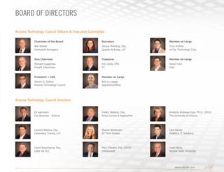 Arizona Technology Council Officers & Executive Committee
Chairman of the Board
Bob Witwer
Honeywell Aerospace
Vice Chairman
Michael Guggemos
Insight Enterprises
Secretary
Jacque Westling, Esq.
Quarles & Brady, LLP
Treasurer
Eric Lewis, CPA
EY
Member-at-Large
Bob La Loggia
AppointmentPlus
Member-at-Large
Tony Portela
onTop Technology Corp.
Member-at-Large
David Tuhy
Intel
BOARD OF DIRECTORS
Arizona Technology Council Directors
Ed Aaronson
Cox Business - Arizona
Laurent Badoux, Esq.
Greenberg Traurig, LLP
David Beauchamp, Esq.
Clark Hill PLC
Sharon Bondurant
AZ Tech Finders
Fredric Bellamy, Esq.
Ryley Carlock & Applewhite
Clint Harder
OneNeck IT Solutions
Todd Hardy
Arizona State University
Marc Chesley, Esq. (2015)
Infusionsoft
Kimberly Andrews Espy, Ph.D. (2015)
The University of Arizona
ANNUAL REPORT 2014 27
President + CEO
Steven G. Zylstra
Arizona Technology Council
 