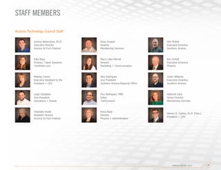 Arizona Technology Council Staff
Jeremy Babendure, Ph.D.
Executive Director
Arizona SciTech Festival
Kitty Bogy
Director, Talent Solutions
TechFetch.com
Melissa Craven
Executive Assistant to the
President + CEO
Leigh Goldstein
Vice President
Operations + Events
Brian Krupski
Director
Membership Services
Merry Lake Merrell
Director
Marketing + Communication
Alex Rodriguez
Vice President
Southern Arizona Regional Office
Don Rodriguez, MBA
Editor
TechConnect
Anne Rody
Director
Finance + Administration
Don Ruedy
Executive Emeritus
Southern Arizona
Ron Schott
Executive Emeritus
Phoenix
Justin Williams
Executive Emeritus
Southern Arizona
Deborah Zack
Senior Director
Membership Services
Steven G. Zylstra, Sc.D. (Hon.)
President + CEO
Charlotte Hodel
Assistant Director
Arizona SciTech Festival
ANNUAL REPORT 2014 29
STAFF MEMBERS
 