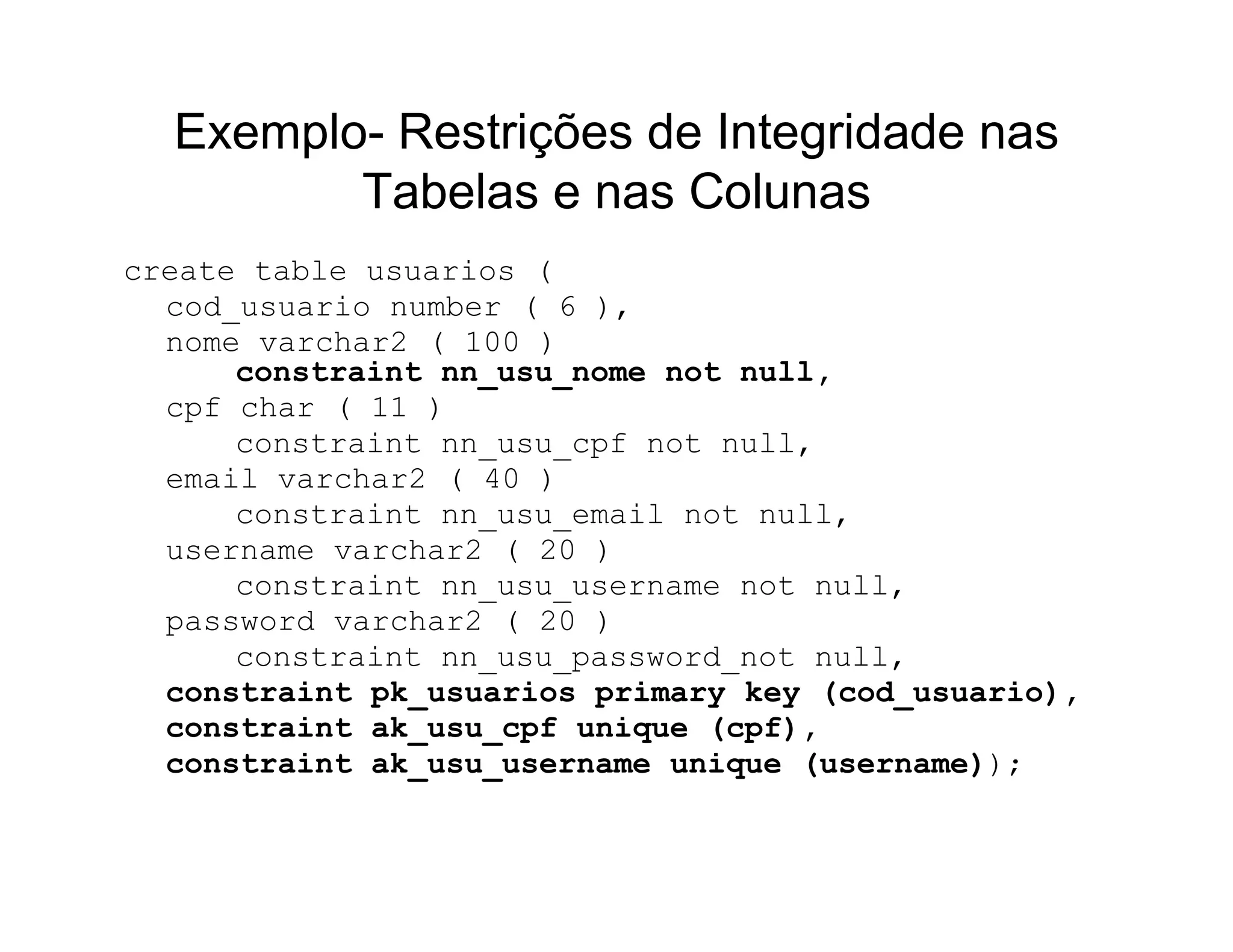 Exemplo- Restrições de Integridade nas
         Tabelas e nas Colunas
create table usuarios (
  cod_usuario number ( 6 ),
  nome varchar2 ( 100 )
      constraint nn_usu_nome not null,
  cpf char ( 11 )
      constraint nn_usu_cpf not null,
  email varchar2 ( 40 )
      constraint nn_usu_email not null,
  username varchar2 ( 20 )
      constraint nn_usu_username not null,
  password varchar2 ( 20 )
      constraint nn_usu_password_not null,
  constraint pk_usuarios primary key (cod_usuario),
  constraint ak_usu_cpf unique (cpf),
  constraint ak_usu_username unique (username));
 