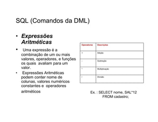 SQL (Comandos da DML)

• Expressões
  Aritméticas                        Operadores   Descrições

• Uma expressão é a                  +            Adição
    combinação de um ou mais
    valores, operadores, e funções   -            Subtração
    os quais avaliam para um
    valor.                           *            Multiplicação

•    Expressões Aritméticas
    podem conter nome de             /            Divisão

    colunas, valores numéricos
    constantes e operadores
    aritméticos                             Ex. : SELECT nome, SAL*12
                                                    FROM cadastro;
 