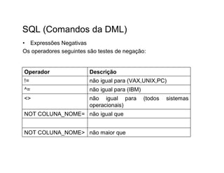 SQL (Comandos da DML)
• Expressões Negativas
Os operadores seguintes são testes de negação:


Operador                Descrição
!=                      não igual para (VAX,UNIX,PC)
^=                      não igual para (IBM)
<>                      não igual para         (todos   sistemas
                        operacionais)
NOT COLUNA_NOME= não igual que


NOT COLUNA_NOME> não maior que
 