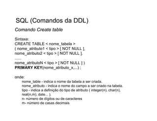 SQL (Comandos da DDL)
Comando Create table
Sintaxe:
CREATE TABLE < nome_tabela >
( nome_atributo1 < tipo > [ NOT NULL ],
nome_atributo2 < tipo > [ NOT NULL ],
......
nome_atributoN < tipo > [ NOT NULL ] )
PRIMARY KEY(nome_atributo_x,...) ;

onde:
   nome_table - indica o nome da tabela a ser criada.
   nome_atributo - indica o nome do campo a ser criado na tabela.
   tipo - indica a definição do tipo de atributo ( integer(n), char(n),
   real(n,m), date... ).
   n- número de dígitos ou de caracteres
   m- número de casas decimais
 