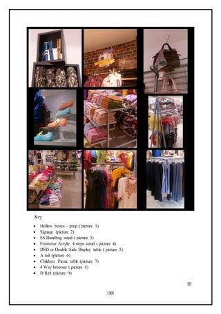 [30]
Key
 Hollow boxes – prop ( picture 1)
 Signage (picture 2)
 SS Handbag stand ( picture 3)
 Footwear Acrylic 4 steps stand ( picture 4)
 DSD or Double Side Display table ( picture 5)
 A rail (picture 6)
 Children Picnic table (picture 7)
 4 Way browser ( picture 8)
 D Rail (picture 9)
III
 