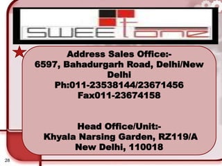 28
Address Sales Office:-
6597, Bahadurgarh Road, Delhi/New
Delhi
Ph:011-23538144/23671456
Fax011-23674158
Head Office/Unit:-
Khyala Narsing Garden, RZ119/A
New Delhi, 110018
 