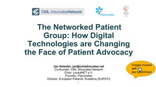 The Networked Patient
Group: How Digital
Technologies are Changing
the Face of Patient Advocacy
Jan Geissler, jan@cmladvocates.net
Co-founder, CML Advocates Network
Chair, LeukaNET e.V.
Founder, Patvocates
Director, European Patients’ Academy (EUPATI)
1
Images marked
with
are hyperlinked
 