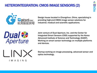 HETEROINTEGRATION: CMOS IMAGE SENSORS (2)
Joint venture of Dual Aperture, Inc. and the Center for
Integrated Smart Sensors (CISS) supported by the Korea
Advanced Institute of Science and Technology (KAIST).
Working on smart sensor technology on multiple platforms
and devices.
Design house located in Changchun, China, specializing in
providing high-end CMOS image sensor solutions for
industrial, medical and scientific applications.
Startup working on image processing, advanced sensor and
optics technology.
 