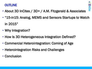 OUTLINE
• About 3D InCites / 3D+ / A.M. Fitzgerald & Associates
• “15-in15: Analog, MEMS and Sensors Startups to Watch
in 2015”
• Why Integration?
• How Is 3D Heterogeneous Integration Defined?
• Commercial Heterointegration: Coming of Age
• Heterointegration Risks and Challenges
• Conclusion
 