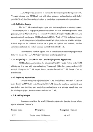 MATLAB provides a number of features for documenting and sharing your work.
You can integrate your MATLAB code with other languages and applications and deploy
your MATLAB algorithms and applications as stand-alone programs or software modules.
4.6.1. Publishing Results
The MATLAB product lets you export your results as plots or as complete reports.
You can export plots to all popular graphics file formats and then import the plots into other
packages, such as Microsoft Word or Microsoft PowerPoint. Using the MATLAB Editor, you
can automatically publish your MATLAB code in HTML, Word, LATEX, and other formats.
MATLAB program (left) published to HTML (right) using the MATLAB Editor.
Results output to the command window or to plots are captured and included, and the
comments are turned into section headings and body text in the HTML.
To create more complex reports, such as simulation runs and multiple parameter
tests, you can use the MATLAB Report Generator (available separately).
4.6.2. Integrating MATLAB Code with Other Languages and Applications
MATLAB provides functions for integrating C and C++ code, Fortran code, COM
objects, and Java code with your applications. You can call DLLs, Java classes, and ActiveX
controls. Using the MATLAB engine library, you can also call MATLAB from C, C++, or
Fortran code.
4.6.3. Deploying Applications
You can create your algorithm in MATLAB and distribute it to other MATLAB
users directly as MATLAB code. Using the MATLAB Compiler (available separately), you
can deploy your algorithm, as a stand-alone application or as a software module that you
include in your project, to users who do not have MATLAB.
4.7. Reading Images
Images are read into the MATLAB environment using function imread whose
syntax is imread(‘filename’)
Format name Description Recognized extension
TIFF Tagged Image File Format .tif, .tiff
12
 