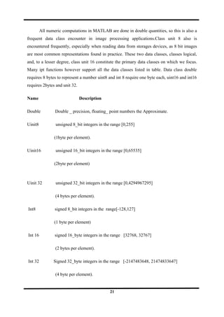 All numeric computations in MATLAB are done in double quantities, so this is also a
frequent data class encounter in image processing applications.Class unit 8 also is
encountered frequently, especially when reading data from storages devices, as 8 bit images
are most common representations found in practice. These two data classes, classes logical,
and, to a lesser degree, class unit 16 constitute the primary data classes on which we focus.
Many ipt functions however support all the data classes listed in table. Data class double
requires 8 bytes to represent a number uint8 and int 8 require one byte each, uint16 and int16
requires 2bytes and unit 32.
Name Description
Double Double _ precision, floating_ point numbers the Approximate.
Uinit8 unsigned 8_bit integers in the range [0,255]
(1byte per element).
Uinit16 unsigned 16_bit integers in the range [0,65535]
(2byte per element)
Uinit 32 unsigned 32_bit integers in the range [0,4294967295]
(4 bytes per element).
Int8 signed 8_bit integers in the range[-128,127]
(1 byte per element)
Int 16 signed 16_byte integers in the range [32768, 32767]
(2 bytes per element).
Int 32 Signed 32_byte integers in the range [-2147483648, 21474833647]
(4 byte per element).
21
 