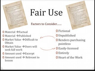 Fair Use
                      Factors to Consider……

0 Material Factual                    0 Fictional
0 Material Published                  0 Unpublished
0 Market Value Difficult to           0 Renders purchasing
  Obtain                                 pointless
0 Market Value Users will
  seek full work                       0 Easily-licensed
0 Amount used Excerpt                 0 Entirely
0 Amount used  Relevant to            0 Heart of the Work
  lesson
 