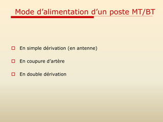 Mode d’alimentation d’un poste MT/BT
 En simple dérivation (en antenne)
 En coupure d’artère
 En double dérivation
 