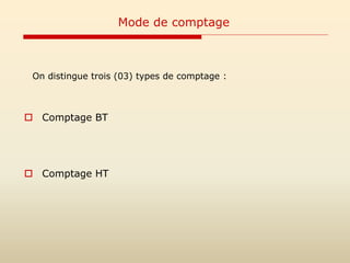  Comptage BT
 Comptage HT
Mode de comptage
On distingue trois (03) types de comptage :
 