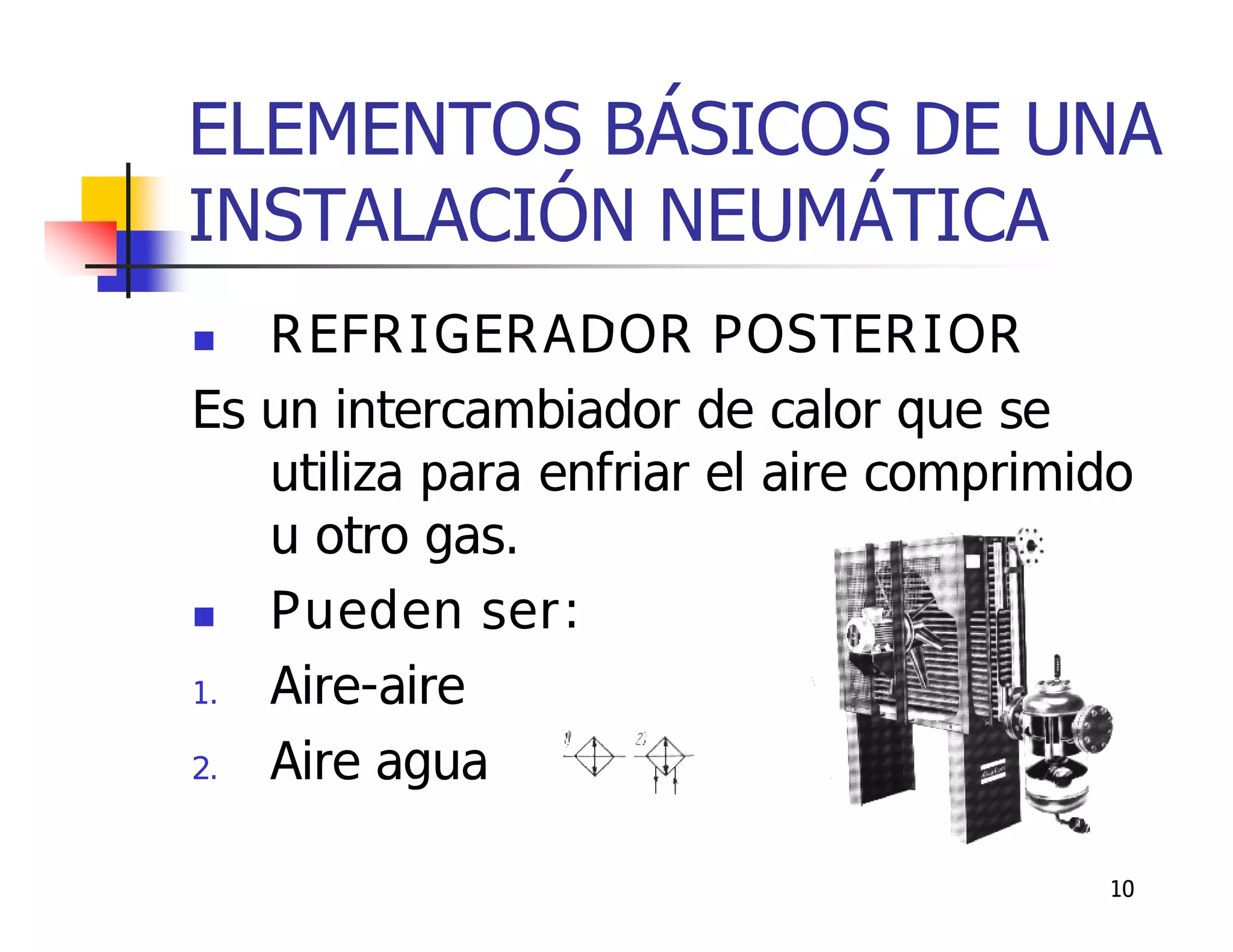 ELEMENTOS BÁSICOS DE UNA
INSTALACIÓN NEUMÁTICA
  REFRIGERADOR POSTERIOR
Es un intercambiador de calor que se
   utiliza para enfriar el aire comprimido
   u otro gas.
  Pueden ser:
1. Aire-aire
2. Aire agua

                                        10
 