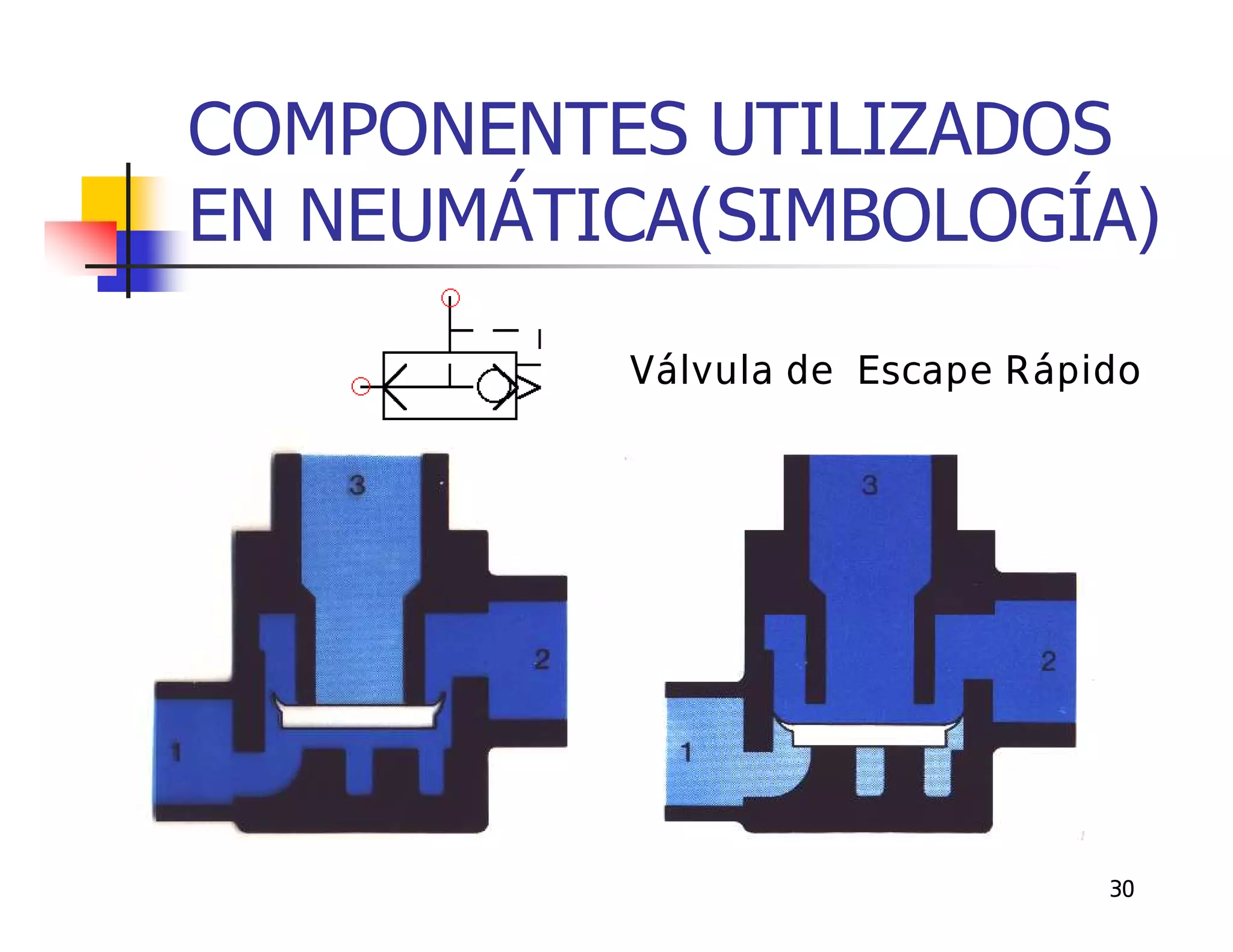 COMPONENTES UTILIZADOS
EN NEUMÁTICA(SIMBOLOGÍA)
          Válvula de Escape Rápido




                                30
 