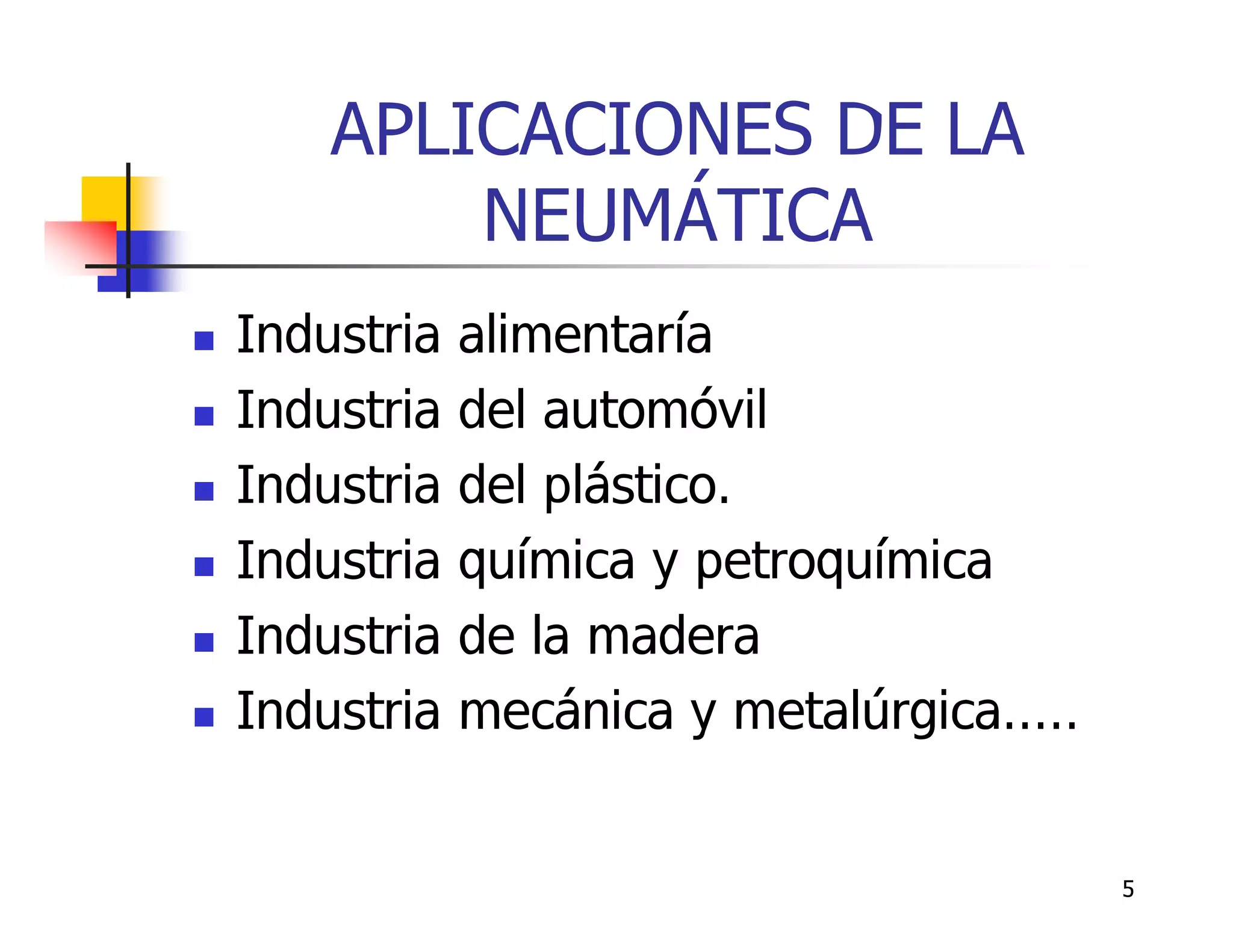 APLICACIONES DE LA
            NEUMÁTICA
   Industria   alimentaría
   Industria   del automóvil
   Industria   del plástico.
   Industria   química y petroquímica
   Industria   de la madera
   Industria   mecánica y metalúrgica.....


                                              5
 