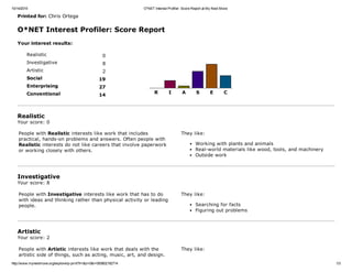 10/14/2015 O*NET Interest Profiler: Score Report at My Next Move
http://www.mynextmove.org/explore/ip­print?t=i&z=0&i=000802192714 1/3
Printed for: Chris Ortega
O*NET Interest Profiler: Score Report
R I A S E C
Realistic
Your score: 0
People with Realistic interests like work that includes
practical, hands­on problems and answers. Often people with
Realistic interests do not like careers that involve paperwork
or working closely with others.
They like:
Working with plants and animals
Real­world materials like wood, tools, and machinery
Outside work
Investigative
Your score: 8
People with Investigative interests like work that has to do
with ideas and thinking rather than physical activity or leading
people.
They like:
Searching for facts
Figuring out problems
Artistic
Your score: 2
People with Artistic interests like work that deals with the
artistic side of things, such as acting, music, art, and design.
They like:
Your interest results:
Realistic 0
Investigative 8
Artistic 2
Social 19
Enterprising 27
Conventional 14
 