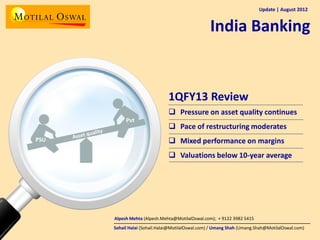 Update | August 2012

India Banking

1QFY13 Review
 Pressure on asset quality continues
Pvt
PSU

 Pace of restructuring moderates
 Mixed performance on margins
 Valuations below 10-year average

Alpesh Mehta (Alpesh.Mehta@MotilalOswal.com); + 9122 3982 5415
Sohail Halai (Sohail.Halai@MotilalOswal.com) / Umang Shah (Umang.Shah@MotilalOswal.com)

 