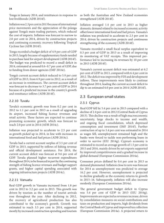 Tonga in January 2014, and remittances in response to
lost livelihoods (ADB 2014f).
Inflationwas2.3percentin2013becauseofinternational
price movements and the appreciation of the pa’anga
against Tonga’s main trading partners, which reduced
the cost of imports. Inflation was forecast to narrow to
2.0 per cent in 2014, driven by construction projects
and continuing economic recovery following Tropical
Cyclone Ian (ADB 2014f).
Tonga recorded a budget deficit of 4.9 per cent of GDP
in 2013, largely because of supplementary funds needed
to purchase land for airport development (ADB 2014f).
The budget was predicted to record a small deficit in
2014, estimated at around 0.6–0.7 per cent of GDP, due
to funding from donor agencies (IMF 2014e).
Tonga’s current account deficit reduced to 5.9 per cent
of GDP in 2013, from 6.9 per cent in 2012, as a result of
an increase in remittances. The current account deficit
was forecast to decrease to 3.7 per cent of GDP in 2014
because of a predicted increase in the country’s growth
and remittance inflows (ADB 2014f).
2.2.10 Tuvalu
Tuvalu’s economic growth rose from 0.2 per cent in
2012 to 1.1 per cent in 2013 as a result of upgrading
its airport, increased fishing licence revenues and
retail activity. These factors are expected to continue
promoting economic growth, which was forecast to
reach 2.0 per cent in 2014 (ADB 2014c).
Inflation was projected to accelerate to 2.5 per cent
as growth picked up in 2014, in line with increases in
international food and fuel prices (ADB 2014c).
Tuvalu had a current account surplus of 3.5 per cent of
GDP in 2013, supported by inflows of fishing revenue
and official development assistance. For 2014, the
current account deficit was forecast at 9.6 per cent of
GDP. Tuvalu planned higher recurrent expenditures
throughout2014,tobefinancedinpartbythecontinuing
strength of fishing licence revenues and budget support
grants, and higher capital spending associated with
ongoing infrastructure projects (ADB 2014c).
2.2.11 Vanuatu
Real GDP growth in Vanuatu increased from 1.8 per
cent in 2012 to 3.2 per cent in 2013. This growth was
driven by tourism as the number of tourist arrivals
rose throughout the year. After declining in 2012,
the recovery of agricultural production has also
contributed to the economy’s growth. Growth was
estimated to reach 3.5 per cent in 2014, supported
mostlybyincreasedconstructionspendingandtourism
as both the Australian and New Zealand economies
strengthened (ADB 2014f).
Inflation averaged 1.4 per cent in 2013 as higher
domestic demand related to increased economic activity
offset lower international food and fuel prices. Vanuatu’s
inflation was predicted to accelerate to 2.5 per cent in
2014, driven by construction projects and continuous
strengthening of the economy (ADB 2014f).
Vanuatu recorded a small fiscal surplus equivalent to
0.3 per cent of GDP in 2013 as a result of improving
its monitoring of VAT receipts. This improved per­
formance led to increasing its revenues by 10 per cent
in 2013 (ADB 2014f).
Vanuatu’s current account deficit was estimated at 6.2
per cent of GDP in 2013, compared with 6.4 per cent in
2012.ThedeficitwasimprovedbyFDIanddevelopment
inflows. These improvements were likely to continue
throughout 2014, leading the current account deficit to
dip to an estimated 6.0 per cent in 2014 (ADB 2014f).
2.3  European small states
2.3.1 Cyprus
Real GDP fell by 5.4 per cent in 2013 compared with a
decline of 2.4 per cent in 2012 (Central Bank of Cyprus
2013). This decline was a result of high macroeconomic
uncertainty, large shocks to income and wealth,
and ongoing fiscal consolidation, which depressed
consumption and investment (IMF 2014f). Further
contraction of up to 3.4 per cent was estimated in 2014
as wages fell, unemployment remained high and the
banks were forced to tackle non-performing loans in
order to survive (EIU 2014g). Cyprus’s economy is
estimated to record an average growth of 1.5 per cent in
2015 and 2016, mainly driven by net exports supported
by improved competitiveness and a gradual increase in
global demand (European Commission 2014a).
Consumer prices deflated by 0.4 per cent in 2013 as
demand plummeted. Inflation close to zero was forecast
for 2014 as unemployment was predicted to average
16.2 per cent. However, unemployment is projected
to decline gradually as the economy returns to growth
in 2015–16. Subsequently, inflation will also increase
modestly (European Commission 2014a).
The general government budget deficit in Cyprus
was 5.4 per cent of GDP in 2013 (EIU 2014g).
Improvementsareexpectedasrevenuesincrease,driven
by consolidation measures on social contributions and
taxes on production and imports, high dividends from
the Central Bank of Cyprus and improved tax collection
(European Commission 2014a). A projected return to
24	 Small States: Economic Review and Basic Statistics
 