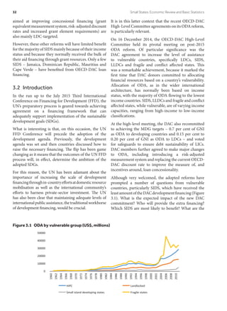 aimed at improving concessional financing (grant
equivalentmeasurementsystem,risk-adjusteddiscount
rates and increased grant element requirements) are
also mainly LDC-targeted.
However, these other reforms will have limited benefit
for the majority of SIDS mainly because of their income
status and because they normally received the bulk of
their aid financing through grant resources. Only a few
SIDS – Jamaica, Dominican Republic, Mauritius and
Cape Verde – have benefited from OECD-DAC loan
financing.
3.2 Introduction
In the run up to the July 2015 Third International
Conference on Financing for Development (FFD), the
UN’s preparatory process is geared towards achieving
agreement on a financing framework that can
adequately support implementation of the sustainable
development goals (SDGs).
What is interesting is that, on this occasion, the UN
FFD Conference will precede the adoption of the
development agenda. Previously, the development
agenda was set and then countries discussed how to
raise the necessary financing. The flip has been game
changing as it means that the outcomes of the UN FFD
process will, in effect, determine the ambition of the
adopted SDGs.
For this reason, the UN has been adamant about the
importance of increasing the scale of development
financingthroughin-countryeffortsatdomesticresource
mobilisation as well as the international community’s
efforts to harness private-sector investment. The UN
has also been clear that maintaining adequate levels of
internationalpublicassistance,thetraditionalworkhorse
of development financing, would be crucial.
It is in this latter context that the recent OECD-DAC
High-Level Committee agreements on its ODA reform,
is particularly relevant.
On 16 December 2014, the OECD-DAC High-Level
Committee held its pivotal meeting on post-2015
ODA reform. Of particular significance was the
DAC agreement to increase the level of assistance
to vulnerable countries, specifically LDCs, SIDS,
LLDCs and fragile and conflict affected states. This
was a remarkable achievement, because it marked the
first time that DAC donors committed to allocating
financial resources based on a country’s vulnerability.
Allocation of ODA, as in the wider international
architecture, has normally been based on income
status, with the majority of ODA flowing to the lowest
income countries. SIDS, LLDCs and fragile and conflict
affected states, while vulnerable, are of varying income
capacities, ranging from high-income to low-income
classifications.
At the high-level meeting, the DAC also recommitted
to achieving the MDG targets – 0.7 per cent of GNI
as ODA to developing countries and 0.15 per cent to
0.20 per cent of GNI as ODA to LDCs – and voted
for safeguards to ensure debt sustainability of LICs.
DAC members further agreed to make major changes
to ODA, including introducing a risk-adjusted
measurement system and replacing the current OECD-
DAC discount rate to improve the measure of, and
incentives around, loan concessionality.
Although very welcomed, the adopted reforms have
prompted a number of questions from vulnerable
countries, particularly SIDS, which have received the
leastamountoftheDACdevelopmentfinancing(Figure
3.1). What is the expected impact of the new DAC
commitment? Who will provide the extra financing?
Which SIDS are most likely to benefit? What are the
Figure 3.1  ODA by vulnerable group (US$, millions)
0
10000
20000
30000
40000
50000
1960
1962
1964
1966
1968
1970
1972
1974
1976
1978
1980
1982
1984
1986
1988
1990
1992
1994
1996
1998
2000
2002
2004
2006
2008
2010
HIPC Landlocked
Small island developing states Fragile states
32	 Small States: Economic Review and Basic Statistics
 