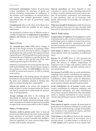 Government consumption includes all government
current expenditures for purchases of goods and
services (including compensation of employees). It
also includes most expenditures on national defence
and security, but excludes government military
expenditures that are part of government capital
formation.
Unemployment refers to the share of the labour force
that is without work but available for and seeking
employment.
The distribution of labour force in different sectors is
available through data on employment in agriculture,
industry and services, as a percentage of total labour
force.
Table 4. Prices
The consumer price index (CPI) reflects changes in
the cost to the average consumer of acquiring a basket
of goods and services that may be fixed or changed at
specified intervals, such as yearly. The Laspeyres formula
is generally used. CPI is frequently been used to measure
or indicate the rate of inflation in a specified period. The
base year is taken as 2010 and the value of the index
reference period is equal to 100 (2010 = 100).
Inflation as measured by the annual growth rate of the
GDP implicit deflator shows the rate of price change in
the economy as a whole. The GDP deflator is the ratio
of GDP in current local currency to GDP in constant
local currency.
Real interest rate is the lending interest rate adjusted
for inflation as measured by the GDP deflator. However,
the terms and conditions attached to lending rates
differ by country, limiting their comparability.
Interest rate spread is the interest rate charged by
banks on loans to prime customers minus the interest
rate paid by commercial or similar banks for demand,
time, or savings deposits.
Average exchange rate refers to the exchange rate
determined by national authorities or to the rate
determined in the legally sanctioned exchange market
and is calculated as an annual average based on monthly
averages (local currency units relative to the US dollar).
Table 5. Private sector
Domestic credit to private sector refers to financial
resourcesprovidedtotheprivatesector,suchasthrough
loans, purchases of non-equity securities and trade
credits, and other accounts receivable that establish a
claim for repayment. For some countries these claims
include credit to public enterprises.
Start-up procedures are those required to start
a  business in a given country, including interactions
to obtain necessary permits and licenses and to com­
plete all inscriptions, verifications, and notifications
to start operations. Data are for businesses with
specific characteristics of ownership, size, and type of
production.
Other taxes payable by businesses include the amounts
paid for property taxes, turnover taxes, and other small
taxes such as municipal fees and vehicle and fuel taxes.
Table 6. Public sector
Compensation of employees (% of expenses) consists
of all payments in cash, as well as in kind (such as food
and housing), given to employees in return for services
rendered, and government contributions to social
insurance schemes such as social security and pensions
that provide benefits to employees.
Cash surplus or deficit is revenue (including grants)
minus expense, minus net acquisition of nonfinancial
assets.
Expense (% of GDP) refers to cash payments for
operating activities of the government in providing
goods and services. It includes compensation of
employees (such as wages and salaries), interest and
subsidies, social benefits, and other expenses such as
rent and dividends.
Tax revenue (% of GDP) refers to social contributions,
including social security contributions by employees,
employers, and self-employed individuals, and other
contributions whose source cannot be determined.
They also include actual or imputed contributions to
social insurance schemes operated by governments.
Social contributions (% of revenue) include social
security contributions by employees, employers, and
self-employed individuals, and other contributions
whose source cannot be determined. They also include
actual or imputed contributions to social insurance
schemes operated by governments. (World Bank, 2014)
Table 7. Trade
Total exports & imports comprise all transactions in
goods and services between residents of a country and
the rest of the world involving a change of ownership,
from residents to non-residents for exports, and from
non-residents to residents for imports.
Trade balance is the difference between the monetary
value of exports and imports in an economy over a
specified period. A positive balance is referred to as
a trade surplus and it consists of more exports than
Basic Statistics	 49
 