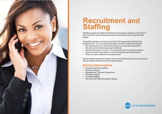 Recruitment and
Stafﬁng
Talented people are vitally important to your business, but they can be hard to
ﬁnd. Even the most promising business can fail if they don't recruit the right
people.
GhanaHR operates with the premise that 'The organisation with the best
people thrives'. Our recruitment approach provide you with the following
 We help expand your network and help you pursue talented people.
 We work to attract the best people for the job.
 We decode every CV for you -Thus taking the hard work off recruitment
 Aid you to retain those that you recruit by helping you develop talent.
 Help you have an effective succession plan.
We have talent acquisition experts who will avail themselves to you and ensure
that you attract both local and international talent.
RECRUITMENTAREAS
 Casual/Temporary Stafﬁng
 Executive Search
 ManagementTrainees Programme
 Executive Search
 Low Skill Stafﬁng
 Job Fairs andTalentAcquisition Expos.
 