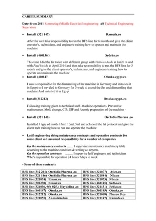 CAREER SUMMARY
Date–from 2011 Rommelag (Middle East)-latif engineering AS Technical Engineering
Supervisor
 Install (321 147) Rameda.co
After the sat I take responsibility to run the BFS line for 6 month and give the client
operator's, technicians, and engineers training how to operate and maintain the
machine
 Install (460136 ) Sedeko.co
This time I did the fat twice with different group with Vishwas Joshi at Jan2014 and
with Paul kwishi at April 2014 and then take responsibility to run the BFS line for 3
month and give the client operator's, technicians, and engineers training how to
operate and maintain the machine
 Install (460147 Otsuka-egypt.co
I was is responsible for the dismantling of the machine in Germany and installed it
in Egypt so I traveled to Germany for 3 week to attend the Sat and dismantling that
machine And installed it in Egypt
 Install (312212) Otsuka-egypt..co
Following training given to technical staff. Machine operations. Preventive
maintenance. Mold change, CIP, SIP and Aseptic preparation of the machine ·
 Install (321 146) Orchidia Pharma .co
Installed 3 type of molds 15ml, 10ml, 5ml and achieved the fat protocol and give the
client tech training how to run and operate the machine
 Latif engineering doing maintenance contracts and operation contracts for
some client so I assumed responsibility for a number of companies
On the maintenance contracts …… I supervise maintenance machinery table
according to the machine condition & writing all reports.
On the operation contracts …….. I supervise latif engineers and technicians
Who's responsible for operation 24 hours 7days in week
- Some of these contracts
BFS line (312 204) Orchidia Pharma .co BFS line (321077) Atico.co
BFS line (321 146) Orchidia Pharma .co BFS line (321084) Nile.co
BFS line (321074) Elnasr.co BFS line (321073) Nile.co
BFS line (302230) Elnasr.co BFS line (460145) Sedko.co
BFS line (321036, 954 025.) Haydelina .co BFS line (321131) Febko.co
BFS line (460147) Otsuka.co BFS line (360145) Otsuka.co
BFS line (312212) Otsuka.co BFS line (321068) Pharco B.co
BFS line (321055) Al-motahedon BFS line (321147) Rameda.co
 
