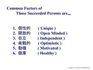 Copyright © K Consulting All Rights Reserved.
Common Factors of
Those Succeeded Persons are,,,
1. 個性的 ( Unique )
2. 開放的 ( Open Minded )
3. 自立 ( Independent )
4. 楽観的 ( Optimistic )
5. 動機 ( Motivated )
6. 健康 ( Healthy )
 