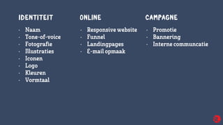 • Naam
• Tone-of-voice
• Fotografie
• Illustraties
• Iconen
• Logo
• Kleuren
• Vormtaal
IDENTITEIT ONLINE
• Responsivewebsite
• Funnel
• Landingpages
• E-mailopmaak
CAMPAGNE
• Promotie
• Bannering
• Internecommuncatie
 