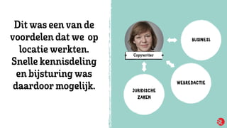 JURIDISCHE 
ZAKEN
BUSINE
Copywriter
WEBREDACTIE
Dit was een van de
voordelen dat we op
locatiewerkten.
Snellekennisdeling
en bijsturing was
daardoormogelijk.
 