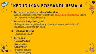 KEDUDUKAN POSYANDU REMAJA
1. Terhadap pemerintah desa/kelurahan
Wadah pemberdayaan masyarakat yang secara kelembagaannya dibina
oleh pemerintah desa/kelurahan
2. Terhadap Pokja Posyandu
Sebagai satuan organisasi yang mendapat binaan (administratif,
keuangan & program dari pokja
3. Terhadap UKBM
Bagian dari UKBM
4. Terhadap
Forum Peduli
Kesehatan
Kecamatan
Sebagai satuan
organisasi yang
 