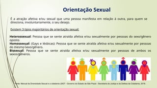 É a atração afetiva e/ou sexual que uma pessoa manifesta em relação à outra, para quem se
direciona, involuntariamente, o seu desejo.
Existem 3 tipos majoritários de orientação sexual:
Fonte: Manual da Diversidade Sexual e a cidadania LBGT - Governo do Estado de São Paulo - Secretaria da Justiça e da Defesa da Cidadania, 2018.
Heterossexual: Pessoa que se sente atraída afetiva e/ou sexualmente por pessoas do sexo/gênero
oposto.
Homossexual: (Gays e lésbicas): Pessoa que se sente atraída afetiva e/ou sexualmente por pessoas
do mesmo sexo/gênero.
Bissexual: Pessoa que se sente atraída afetiva e/ou sexualmente por pessoas de ambos os
sexos/gêneros.
Orientação Sexual
 