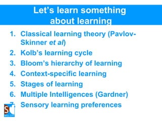 Let’s learn something
about learning
1. Classical learning theory (Pavlov-
Skinner et al)
2. Kolb’s learning cycle
3. Bloom’s hierarchy of learning
4. Context-specific learning
5. Stages of learning
6. Multiple Intelligences (Gardner)
7. Sensory learning preferences
 