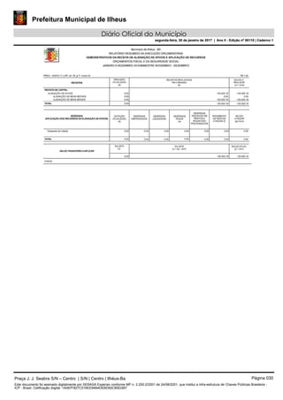 Prefeitura Municipal de Ilheus
Diário Oficial do Município
segunda-feira, 30 de janeiro de 2017 | Ano II - Edição nº 00110 | Caderno 1
Praça J. J. Seabra S/N – Centro | S/N | Centro | Ilhéus-Ba Página 030
Este documento foi assinado digitalmente por SERASA Experian conforme MP n. 2.200-2/2001 de 24/08/2001, que institui a infra-estrutura de Chaves Públicas Brasileira -
ICP - Brasil. Cetificação diigital: 1A087F827C516EE94B4DEBD92CB5D2B7
Prefeitura Municipal de Ilheus
Diário Oficial do Município
segunda-feira, 30 de janeiro de 2017 | Ano II - Edição nº 00110 | Caderno 1
 