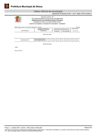 Prefeitura Municipal de Ilheus
Diário Oficial do Município
segunda-feira, 30 de janeiro de 2017 | Ano II - Edição nº 00110 | Caderno 1
Praça J. J. Seabra S/N – Centro | S/N | Centro | Ilhéus-Ba Página 034
Este documento foi assinado digitalmente por SERASA Experian conforme MP n. 2.200-2/2001 de 24/08/2001, que institui a infra-estrutura de Chaves Públicas Brasileira -
ICP - Brasil. Cetificação diigital: 1A087F827C516EE94B4DEBD92CB5D2B7
Prefeitura Municipal de Ilheus
Diário Oficial do Município
segunda-feira, 30 de janeiro de 2017 | Ano II - Edição nº 00110 | Caderno 1
 