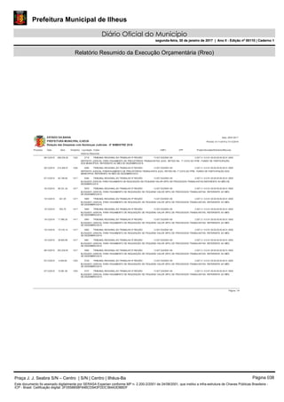 Prefeitura Municipal de Ilheus
Diário Oficial do Município
segunda-feira, 30 de janeiro de 2017 | Ano II - Edição nº 00110 | Caderno 1
Relatório Resumido da Execuçâo Orçamentária (Rreo)
ESTADO DA BAHIA
PREFEITURA MUNICIPAL ILHEUS
Relação das Despesas com Sentenças Judiciais - 6º BIMESTRE 2016
Data: 28/01/2017
Processo Data Valor Empenho Credor CNPJ CPF
Histórico Resumido
Período: 01/11/2016 a 31/12/2016
Liquidação Projeto/Atividade/Elemento/Recurso
08/12/2016 298.039,29 1322 13.937.032/0001-60
DEPÓSITO JUDICIAL PARA PAGAMENTO DE PRECATÓRIOS TRABALHISTAS (DJO), RETIDO NA 1ª COTA DO FPM - FUNDO DE PARTICIPAÇÃO
DOS MUNICÍPIOS, REFERENTE AO MÊS DE DEZEMBRO/2016.
TRIBUNAL REGIONAL DO TRABALHO 5ª REGIÃO5718 2.007.3.1.9.0.91.00.00.00.00.00.01.0000
20/12/2016 219.266,57 1424 13.937.032/0001-60
DEPÓSITO JUDICIAL PARAPAGAMENTO DE PRECATÓRIOS TRABALHISTA (DJO), RETIDO NA 1ª COTA DO FPM - FUNDO DE PARTICIPAÇÃO DOS
MUNICIPIOS, REFERENTE AO MÊS DE DEZEMBRO/2016.
TRIBUNAL REGIONAL DO TRABALHO 5ª REGIÃO6095 2.007.3.1.9.0.91.00.00.00.00.00.01.0000
07/12/2016 40.748,84 1417 13.937.032/0001-60
BLOQUEIO JUDICIAL PARA PAGAMENTO DE REQUISIÇÃO DE PEQUENO VALOR (RPV) DE PROCESSOS TRABALHISTAS,REFERENTE AO MÊS DE
DEZEMBRO/2016.
TRIBUNAL REGIONAL DO TRABALHO 5ª REGIÃO6384 2.007.3.1.9.0.91.00.00.00.00.00.01.0000
16/12/2016 68.321,24 1417 13.937.032/0001-60
BLOQUEIO JUDICIAL PARA PAGAMENTO DE REQUISIÇÃO DE PEQUENO VALOR (RPV) DE PROCESSOS TRABALHISTAS, REFERENTE AO MÊS
DE DEZEMBRO/2016.
TRIBUNAL REGIONAL DO TRABALHO 5ª REGIÃO5979 2.007.3.1.9.0.91.00.00.00.00.00.01.0000
15/12/2016 821,05 1417 13.937.032/0001-60
BLOQUEIO JUDICIAL PARA PAGAMENTO DE REQUISIÇÃO DE PEQUENO VALOR (RPV) DE PROCESSOS TRABALHISTAS, REFERENTE AO MÊS
DE DEZEMBRO/2016.
TRIBUNAL REGIONAL DO TRABALHO 5ª REGIÃO5965 2.007.3.1.9.0.91.00.00.00.00.00.01.0000
15/12/2016 653,75 1417 13.937.032/0001-60
BLOQUEIO JUDICIAL PARA PAGAMENTO DE REQUISIÇÃO DE PEQUENO VALOR (RPV) DE PROCESSOS TRABALHISTAS, REFERENTE AO MÊS
DE DEZEMBRO/2016.
TRIBUNAL REGIONAL DO TRABALHO 5ª REGIÃO5964 2.007.3.1.9.0.91.00.00.00.00.00.01.0000
15/12/2016 17.990,25 1417 13.937.032/0001-60
BLOQUEIO JUDICIAL PARA PAGAMENTO DE REQUISIÇÃO DE PEQUENO VALOR (RPV) DE PROCESSOS TRABALHISTAS, REFERENTE AO MÊS
DE DEZEMBRO/2016.
TRIBUNAL REGIONAL DO TRABALHO 5ª REGIÃO5963 2.007.3.1.9.0.91.00.00.00.00.00.01.0000
15/12/2016 19.318,14 1417 13.937.032/0001-60
BLOQUEIO JUDICIAL PARA PAGAMENTO DE REQUISIÇÃO DE PEQUENO VALOR (RPV) DE PROCESSOS TRABALHISTAS, REFERENTE AO MÊS
DE DEZEMBRO/2016.
TRIBUNAL REGIONAL DO TRABALHO 5ª REGIÃO5962 2.007.3.1.9.0.91.00.00.00.00.00.01.0000
15/12/2016 38.893,99 1417 13.937.032/0001-60
BLOQUEIO JUDICIAL PARA PAGAMENTO DE REQUISIÇÃO DE PEQUENO VALOR (RPV) DE PROCESSOS TRABALHISTAS, REFERENTE AO MÊS
DE DEZEMBRO/2016.
TRIBUNAL REGIONAL DO TRABALHO 5ª REGIÃO5961 2.007.3.1.9.0.91.00.00.00.00.00.01.0000
08/12/2016 303.239,55 1417 13.937.032/0001-60
BLOQUEIO JUDICIAL PARA PAGAMENTO DE REQUISIÇÃO DE PEQUENO VALOR (RPV) DE PROCESSOS TRABALHISTAS, REFERENTE AO MÊS
DE DEZEMBRO/2016.
TRIBUNAL REGIONAL DO TRABALHO 5ª REGIÃO5960 2.007.3.1.9.0.91.00.00.00.00.00.01.0000
07/12/2016 4.000,00 1353 13.937.032/0001-60
BLOQUEIO JUDICIAL PARA PAGAMENTO DE REQUISIÇÃO DE PEQUENO VALOR (RPV) DE PROCESSOS TRABALHISTAS, REFERENTE AO MÊS
DE DEZEMBRO/2016.
TRIBUNAL REGIONAL DO TRABALHO 5ª REGIÃO5738 2.007.3.1.9.0.91.00.00.00.00.00.01.0000
07/12/2016 10.961,85 1353 13.937.032/0001-60
BLOQUEIO JUDICIAL PARA PAGAMENTO DE REQUISIÇÃO DE PEQUENO VALOR (RPV) DE PROCESSOS TRABALHISTAS, REFERENTE AO MÊS
DE DEZEMBRO/2016.
TRIBUNAL REGIONAL DO TRABALHO 5ª REGIÃO5737 2.007.3.1.9.0.91.00.00.00.00.00.01.0000
Página: 1/4
Praça J. J. Seabra S/N – Centro | S/N | Centro | Ilhéus-Ba Página 038
Este documento foi assinado digitalmente por SERASA Experian conforme MP n. 2.200-2/2001 de 24/08/2001, que institui a infra-estrutura de Chaves Públicas Brasileira -
ICP - Brasil. Cetificação diigital: 2F0558B58F64BCD943FDDC364A3D8BDF
Prefeitura Municipal de Ilheus
Diário Oficial do Município
segunda-feira, 30 de janeiro de 2017 | Ano II - Edição nº 00110 | Caderno 1
 