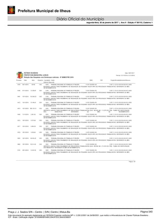 Prefeitura Municipal de Ilheus
Diário Oficial do Município
segunda-feira, 30 de janeiro de 2017 | Ano II - Edição nº 00110 | Caderno 1
ESTADO DA BAHIA
PREFEITURA MUNICIPAL ILHEUS
Relação das Despesas com Sentenças Judiciais - 6º BIMESTRE 2016
Data: 28/01/2017
Processo Data Valor Empenho Credor CNPJ CPF
Histórico Resumido
Período: 01/11/2016 a 31/12/2016
Liquidação Projeto/Atividade/Elemento/Recurso
04/11/2016 126,80 1253 13.937.032/0001-60
BLOQUEIO JUDICIAL PARA PAGAMENTO DE REQUISIÇÃO DE PEQUENO VALOR (RPV) DE PROCESSOS TRABALHISTAS, REFERENTE AO MÊS
DE NOVEMBRO/2016.
TRIBUNAL REGIONAL DO TRABALHO 5ª REGIÃO4339 5238 2.007.3.1.9.0.91.00.00.00.00.00.01.0000
07/11/2016 13.236,95 1253 13.937.032/0001-60
BLOQUEIO JUDICIAL PARA PAGAMENTO DE REQUISIÇÃO DE PEQUENO VALOR (RPV) DE PROCESSOS TRABALHISTAS, REFERENTE AO MÊS
DE NOVEMBRO/2016.
TRIBUNAL REGIONAL DO TRABALHO 5ª REGIÃO4346 5146 2.007.3.1.9.0.91.00.00.00.00.00.01.0000
10/11/2016 153.044,20 1253 13.937.032/0001-60
BLOQUEIO JUDICIAL PARA PAGAMENTO DE REQUISIÇÃO DE PEQUENO VALOR (RPV) DE PROCESSOS TRABALHISTAS, REFERENTE AO MÊS
DE NOVEMBRO/2016.
TRIBUNAL REGIONAL DO TRABALHO 5ª REGIÃO4467 5194 2.007.3.1.9.0.91.00.00.00.00.00.01.0000
10/11/2016 15.188,43 1253 13.937.032/0001-60
BLOQUEIO JUDICIAL PARA PAGAMENTO DE REQUISIÇÃO DE PEQUENO VALOR (RPV) DE PROCESSOS TRABALHISTAS, REFERENTE AO MÊS
DE NOVEMBRO/2016.
TRIBUNAL REGIONAL DO TRABALHO 5ª REGIÃO4472 5224 2.007.3.1.9.0.91.00.00.00.00.00.01.0000
10/11/2016 656.134,15 1322 13.937.032/0001-60
DEPÓSITO JUDICIAL PARA PAGAMENTO DE PRECATÓRIOS TRABALHISTAS (DJO), RETIDO NA 1ª COTA DO FPM - FUNDO DE PARTICIPAÇÃO
DOS MUNICÍPIOS, REFERENTE AO MÊS DE NOVEMBRO/2016.
TRIBUNAL REGIONAL DO TRABALHO 5ª REGIÃO4474 5342 2.007.3.1.9.0.91.00.00.00.00.00.01.0000
11/11/2016 2.601,62 1253 13.937.032/0001-60
BLOQUEIO JUDICIAL PARA PAGAMENTO DE REQUISIÇÃO DE PEQUENO VALOR (RPV) DE PROCESSOS TRABALHISTAS, REFERENTE AO MÊS
DE NOVEMBRO/2016.
TRIBUNAL REGIONAL DO TRABALHO 5ª REGIÃO4549 5235 2.007.3.1.9.0.91.00.00.00.00.00.01.0000
16/11/2016 9.370,98 1253 13.937.032/0001-60
BLOQUEIO JUDICIAL PARA PAGAMENTO DE REQUISIÇÃO DE PEQUENO VALOR (RPV) DE PROCESSOS TRABALHISTAS, REFERENTE AO MÊS
DE NOVEMBRO/2016.
TRIBUNAL REGIONAL DO TRABALHO 5ª REGIÃO4575 5255 2.007.3.1.9.0.91.00.00.00.00.00.01.0000
16/11/2016 4.984,56 1253 13.937.032/0001-60
BLOQUEIO JUDICIAL PARA PAGAMENTO DE REQUISIÇÃO DE PEQUENO VALOR (RPV) DE PROCESSOS TRABALHISTAS, REFERENTE AO MÊS
DE NOVEMBRO/2016.
TRIBUNAL REGIONAL DO TRABALHO 5ª REGIÃO4577 5257 2.007.3.1.9.0.91.00.00.00.00.00.01.0000
16/11/2016 3.039,82 1253 13.937.032/0001-60
BLOQUEIO JUDICIAL PARA PAGAMENTO DE REQUISIÇÃO DE PEQUENO VALOR (RPV) DE PROCESSOS TRABALHISTAS, REFERENTE AO MÊS
DE NOVEMBRO/2016.
TRIBUNAL REGIONAL DO TRABALHO 5ª REGIÃO4578 5258 2.007.3.1.9.0.91.00.00.00.00.00.01.0000
18/11/2016 48.425,28 1253 13.937.032/0001-60
BLOQUEIO JUDICIAL PARA PAGAMENTO DE REQUISIÇÃO DE PEQUENO VALOR (RPV) DE PROCESSOS TRABALHISTAS, REFERENTE AO MÊS
DE NOVEMBRO/2016.
TRIBUNAL REGIONAL DO TRABALHO 5ª REGIÃO4635 5284 2.007.3.1.9.0.91.00.00.00.00.00.01.0000
18/11/2016 63.511,94 1322 13.937.032/0001-60
DEPÓSITO JUDICIAL PARA PAGAMENTO DE PRECATÓRIOS TRABALHISTAS (DJO), RETIDO NA 2ª COTA DO FPM - FUNDO DE PARTICIPAÇÃO
DOS MUNICÍPIOS, REFERENTE AO MÊS DE NOVEMBRO/2016.
TRIBUNAL REGIONAL DO TRABALHO 5ª REGIÃO4640 5343 2.007.3.1.9.0.91.00.00.00.00.00.01.0000
28/11/2016 12.361,90 1253 13.937.032/0001-60
BLOQUEIO JUDICIAL PARA PAGAMENTO DE REQUISIÇÃO DE PEQUENO VALOR (RPV) DE PROCESSOS TRABALHISTAS, REFERENTE AO MÊS
DE NOVEMBRO/2016.
TRIBUNAL REGIONAL DO TRABALHO 5ª REGIÃO4703 5500 2.007.3.1.9.0.91.00.00.00.00.00.01.0000
Página: 3/4
Praça J. J. Seabra S/N – Centro | S/N | Centro | Ilhéus-Ba Página 040
Este documento foi assinado digitalmente por SERASA Experian conforme MP n. 2.200-2/2001 de 24/08/2001, que institui a infra-estrutura de Chaves Públicas Brasileira -
ICP - Brasil. Cetificação diigital: 2F0558B58F64BCD943FDDC364A3D8BDF
Prefeitura Municipal de Ilheus
Diário Oficial do Município
segunda-feira, 30 de janeiro de 2017 | Ano II - Edição nº 00110 | Caderno 1
 
