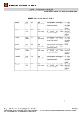 Prefeitura Municipal de Ilheus
Diário Oficial do Município
segunda-feira, 30 de janeiro de 2017 | Ano II - Edição nº 00110 | Caderno 1
PREFEITURA MUNICIPAL DE ILHÉUS
Praça J. J. Seabra S/N – Centro | S/N | Centro | Ilhéus-Ba Página 052
Este documento foi assinado digitalmente por SERASA Experian conforme MP n. 2.200-2/2001 de 24/08/2001, que institui a infra-estrutura de Chaves Públicas Brasileira -
ICP - Brasil. Cetificação diigital: 63572A5B4BE3F0B21C7988B60A956FBF
 