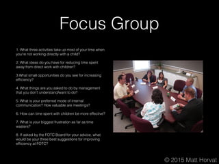 © 2015 Matt Horvat
Focus Group
1. What three activities take up most of your time when
you're not working directly with a ...