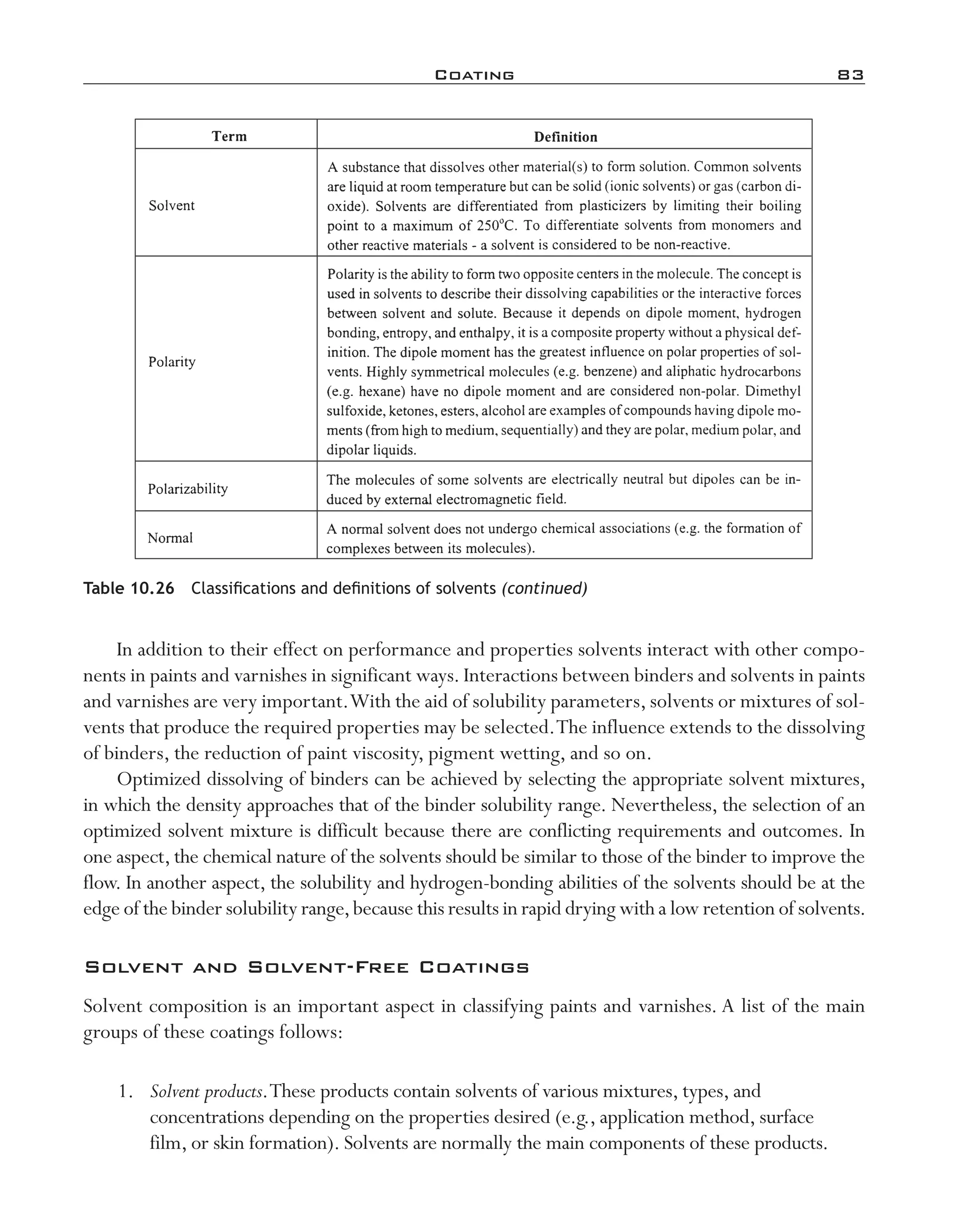 Coating	 83
In addition to their effect on performance and properties solvents interact with other compo-
nents in paints and varnishes in significant ways. Interactions between binders and solvents in paints
and varnishes are very important.With the aid of solubility parameters, solvents or mixtures of sol-
vents that produce the required properties may be selected.The influence extends to the dissolving
of binders, the reduction of paint viscosity, pigment wetting, and so on.
Optimized dissolving of binders can be achieved by selecting the appropriate solvent mixtures,
in which the density approaches that of the binder solubility range. Nevertheless, the selection of an
optimized solvent mixture is difficult because there are conflicting requirements and outcomes. In
one aspect,the chemical nature of the solvents should be similar to those of the binder to improve the
flow. In another aspect, the solubility and hydrogen-­bonding abilities of the solvents should be at the
edge of the binder solubility range,because this results in rapid drying with a low retention of solvents.
Solvent and Solvent-­Free Coatings
Solvent composition is an important aspect in classifying paints and varnishes. A list of the main
groups of these coatings follows:
	 1.	 Solvent products.These products contain solvents of various mixtures, types, and
concentrations depending on the properties desired (e.g., application method, surface
film, or skin formation). Solvents are normally the main components of these products.
Table 10.26  Classifications and definitions of solvents (continued)
imo-rosato2.indb 83 7/27/11 12:15 PM
 