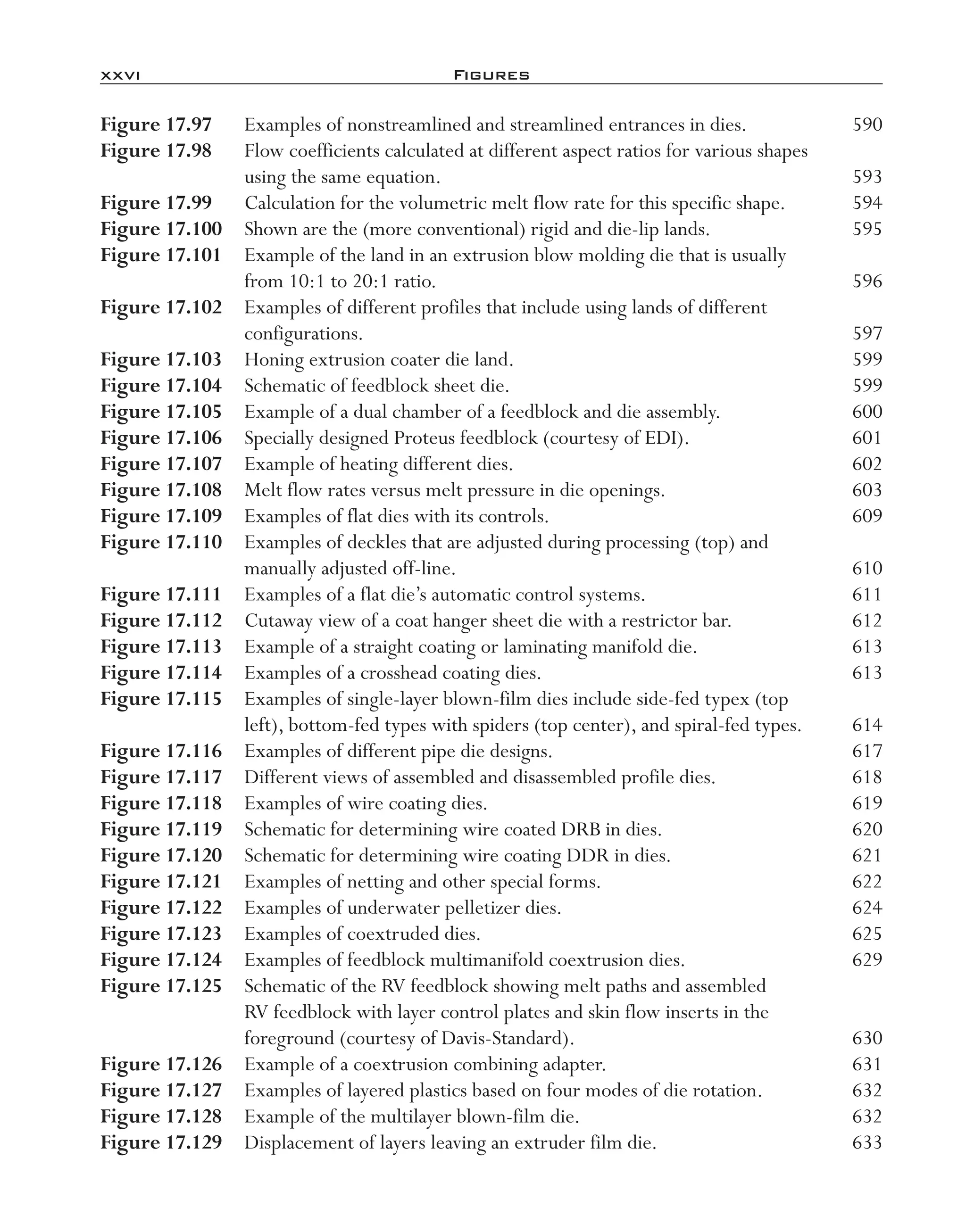 xxvi	 Figures
Figure 17.97	 Examples of nonstreamlined and streamlined entrances in dies.	 590
Figure 17.98	 Flow coefficients calculated at different aspect ratios for various shapes
using the same equation.	 593
Figure 17.99	 Calculation for the volumetric melt flow rate for this specific shape.	 594
Figure 17.100	 Shown are the (more conventional) rigid and die-­lip lands.	 595
Figure 17.101	 Example of the land in an extrusion blow molding die that is usually
from 10:1 to 20:1 ratio.	 596
Figure 17.102	 Examples of different profiles that include using lands of different
configurations.	 597
Figure 17.103	 Honing extrusion coater die land.	 599
Figure 17.104	 Schematic of feedblock sheet die.	 599
Figure 17.105	 Example of a dual chamber of a feedblock and die assembly.	 600
Figure 17.106	 Specially designed Proteus feedblock (courtesy of EDI).	 601
Figure 17.107	 Example of heating different dies.	 602
Figure 17.108	 Melt flow rates versus melt pressure in die openings.	 603
Figure 17.109	 Examples of flat dies with its controls.	 609
Figure 17.110	 Examples of deckles that are adjusted during processing (top) and
manually adjusted off-­line.	 610
Figure 17.111	 Examples of a flat die’s automatic control systems.	 611
Figure 17.112	 Cutaway view of a coat hanger sheet die with a restrictor bar.	 612
Figure 17.113	 Example of a straight coating or laminating manifold die.	 613
Figure 17.114	 Examples of a crosshead coating dies.	 613
Figure 17.115	 Examples of single-­layer blown-­film dies include side-­fed typex (top
left), bottom-­fed types with spiders (top center), and spiral-­fed types.	 614
Figure 17.116	 Examples of different pipe die designs.	 617
Figure 17.117	 Different views of assembled and disassembled profile dies.	 618
Figure 17.118	 Examples of wire coating dies.	 619
Figure 17.119	 Schematic for determining wire coated DRB in dies.	 620
Figure 17.120	 Schematic for determining wire coating DDR in dies.	 621
Figure 17.121	 Examples of netting and other special forms.	 622
Figure 17.122	 Examples of underwater pelletizer dies.	 624
Figure 17.123	 Examples of coextruded dies.	 625
Figure 17.124	 Examples of feedblock multimanifold coextrusion dies.	 629
Figure 17.125	 Schematic of the RV feedblock showing melt paths and assembled
RV feedblock with layer control plates and skin flow inserts in the
foreground (courtesy of Davis-­Standard).	 630
Figure 17.126	 Example of a coextrusion combining adapter.	 631
Figure 17.127	 Examples of layered plastics based on four modes of die rotation.	 632
Figure 17.128	 Example of the multilayer blown-­film die.	 632
Figure 17.129	 Displacement of layers leaving an extruder film die.	 633
imo-rosato2.indb 26 7/27/11 12:12 PM
 