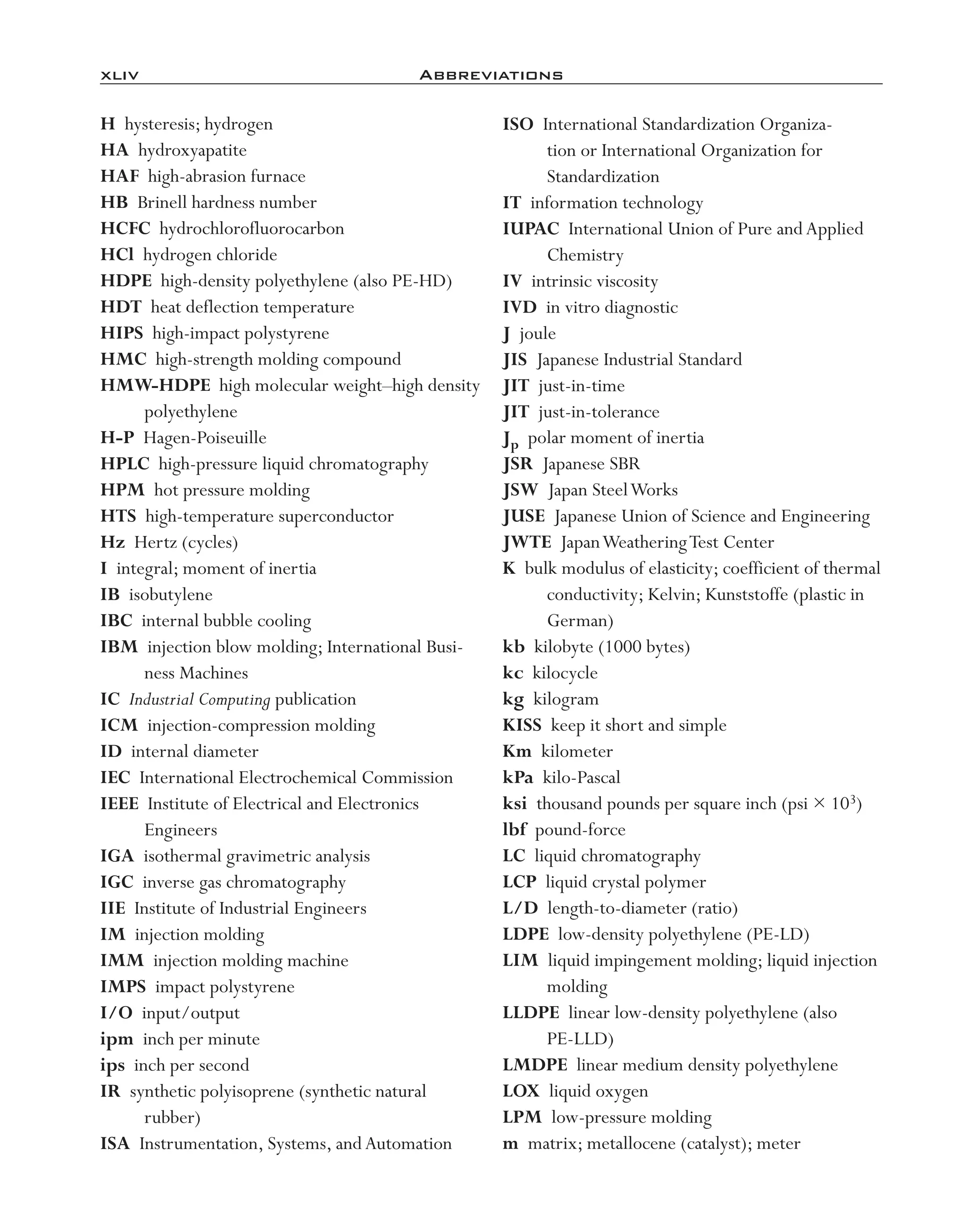 xliv	 Abbreviations
H hysteresis; hydrogen
HA hydroxyapatite
HAF high-­abrasion furnace
HB Brinell hardness number
HCFC hydrochlorofluorocarbon
HCl hydrogen chloride
HDPE high-­density polyethylene (also PE-­HD)
HDT heat deflection temperature
HIPS high-­impact polystyrene
HMC high-­strength molding compound
HMW-­HDPE high molecular weight–­high density
polyethylene
H-­P Hagen-­Poiseuille
HPLC high-­pressure liquid chromatography
HPM hot pressure molding
HTS high-­temperature superconductor
Hz Hertz (cycles)
I integral; moment of inertia
IB isobutylene
IBC internal bubble cooling
IBM injection blow molding; International Busi-
ness Machines
IC Industrial Computing publication
ICM injection-­compression molding
ID internal diameter
IEC International Electrochemical Commission
IEEE Institute of Electrical and Electronics
Engineers
IGA isothermal gravimetric analysis
IGC inverse gas chromatography
IIE Institute of Industrial Engineers
IM injection molding
IMM injection molding machine
IMPS impact polystyrene
I/O input/output
ipm inch per minute
ips inch per second
IR synthetic polyisoprene (synthetic natural
rubber)
ISA Instrumentation, Systems, andAutomation
ISO International Standardization Organiza-
tion or International Organization for
Standardization
IT information technology
IUPAC International Union of Pure and Applied
Chemistry
IV intrinsic viscosity
IVD in vitro diagnostic
J joule
JIS Japanese Industrial Standard
JIT just-­in-­time
JIT just-­in-­tolerance
Jp polar moment of inertia
JSR Japanese SBR
JSW Japan SteelWorks
JUSE Japanese Union of Science and Engineering
JWTE JapanWeatheringTest Center
K bulk modulus of elasticity; coefficient of thermal
conductivity; Kelvin; Kunststoffe (plastic in
German)
kb kilobyte (1000 bytes)
kc kilocycle
kg kilogram
KISS keep it short and simple
Km kilometer
kPa kilo-­Pascal
ksi thousand pounds per square inch (psi × 103)
lbf pound-­force
LC liquid chromatography
LCP liquid crystal polymer
L/D length-­to-­diameter (ratio)
LDPE low-­density polyethylene (PE-­LD)
LIM liquid impingement molding; liquid injection
molding
LLDPE linear low-­density polyethylene (also
PE-­LLD)
LMDPE linear medium density polyethylene
LOX liquid oxygen
LPM low-­pressure molding
m matrix; metallocene (catalyst); meter
imo-rosato2.indb 44 7/27/11 12:12 PM
 
