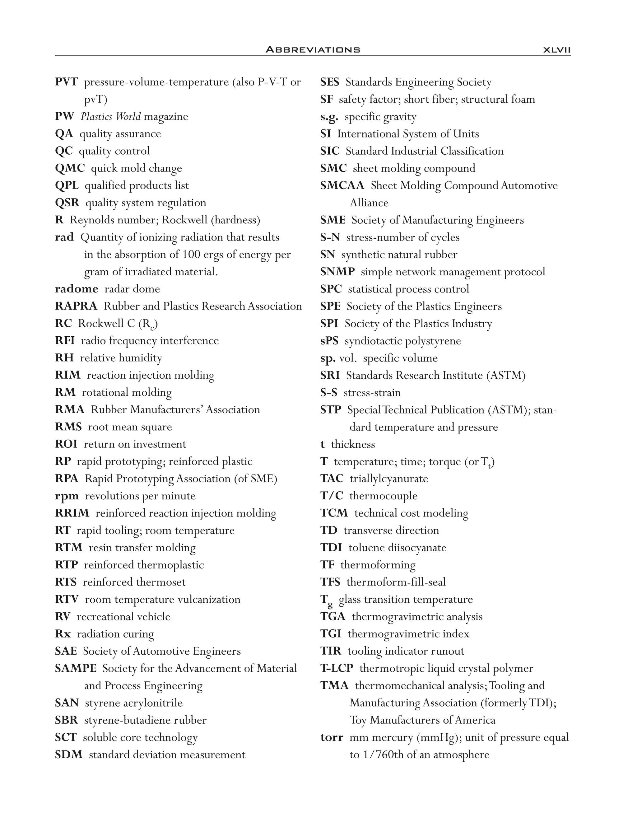 Abbreviations	 xlvii
PVT pressure-­volume-­temperature (also P-­V-­T or
pvT)
PW Plastics World magazine
QA quality assurance
QC quality control
QMC quick mold change
QPL qualified products list
QSR quality system regulation
R Reynolds number; Rockwell (hardness)
rad Quantity of ionizing radiation that results
in the absorption of 100 ergs of energy per
gram of irradiated material.
radome radar dome
RAPRA Rubber and Plastics ResearchAssociation
RC Rockwell C (Rc)
RFI radio frequency interference
RH relative humidity
RIM reaction injection molding
RM rotational molding
RMA Rubber Manufacturers’Association
RMS root mean square
ROI return on investment
RP rapid prototyping; reinforced plastic
RPA Rapid PrototypingAssociation (of SME)
rpm revolutions per minute
RRIM reinforced reaction injection molding
RT rapid tooling; room temperature
RTM resin transfer molding
RTP reinforced thermoplastic
RTS reinforced thermoset
RTV room temperature vulcanization
RV recreational vehicle
Rx radiation curing
SAE Society ofAutomotive Engineers
SAMPE Society for theAdvancement of Material
and Process Engineering
SAN styrene acrylonitrile
SBR styrene-­butadiene rubber
SCT soluble core technology
SDM standard deviation measurement
SES Standards Engineering Society
SF safety factor; short fiber; structural foam
s.g. specific gravity
SI International System of Units
SIC Standard Industrial Classification
SMC sheet molding compound
SMCAA Sheet Molding Compound Automotive
Alliance
SME Society of Manufacturing Engineers
S-­N stress-­number of cycles
SN synthetic natural rubber
SNMP simple network management protocol
SPC statistical process control
SPE Society of the Plastics Engineers
SPI Society of the Plastics Industry
sPS syndiotactic polystyrene
sp. vol. specific volume
SRI Standards Research Institute (ASTM)
S-­S stress-­strain
STP SpecialTechnical Publication (ASTM); stan-
dard temperature and pressure
t thickness
T temperature; time; torque (orTt)
TAC triallylcyanurate
T/C thermocouple
TCM technical cost modeling
TD transverse direction
TDI toluene diisocyanate
TF thermoforming
TFS thermoform-­fill-­seal
Tg glass transition temperature
TGA thermogravimetric analysis
TGI thermogravimetric index
TIR tooling indicator runout
T-­LCP thermotropic liquid crystal polymer
TMA thermomechanical analysis;Tooling and
Manufacturing Association (formerlyTDI);
Toy Manufacturers of America
torr mm mercury (mmHg); unit of pressure equal
to 1/760th of an atmosphere
imo-rosato2.indb 47 7/27/11 12:12 PM
 
