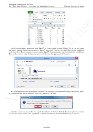 No
com
m
ercialuse
Single-case data analysis: Resources
6.8 Mean phase diﬀerence - percentage and standardized versions Manolov, Moeyaert, & Evans
As the example shows, we suggest using Excel R
as a platform for creating the data ﬁle, as it is well known
and widely available (open source versions of Excel R
also exist). However, in order to improve the readability
of the data ﬁle by R, we recommend converting the Excel R
ﬁle into a simpler text ﬁle delimited by tabulations.
This can be achieved using the Save As option and choosing the appropriate ﬁle format.
In case a message appears about losing features in the conversion, the user should choose, as indicated below,
as such features are not necessary for the correct reading of the data.
After the conversion, the ﬁle has the aspect shown below. Note that the lack of matching between column
headers and column values is not a problem, as the tab delimitation ensures correct reading of the data.
Page 103
 
