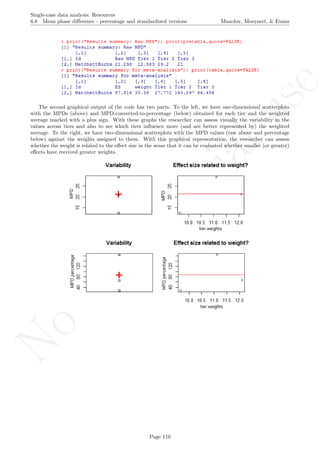 No
com
m
ercialuse
Single-case data analysis: Resources
6.8 Mean phase diﬀerence - percentage and standardized versions Manolov, Moeyaert, & Evans
The second graphical output of the code has two parts. To the left, we have one-dimensional scatterplots
with the MPDs (above) and MPD-converted-to-percentage (below) obtained for each tier and the weighted
average marked with a plus sign. With these graphs the researcher can assess visually the variability in the
values across tiers and also to see which tiers inﬂuence more (and are better represented by) the weighted
average. To the right, we have two-dimensional scatterplots with the MPD values (raw above and percentage
below) against the weights assigned to them. With this graphical representation, the researcher can assess
whether the weight is related to the eﬀect size in the sense that it can be evaluated whether smaller (or greater)
eﬀects have received greater weights.
Page 110
 