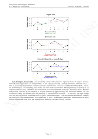 No
com
m
ercialuse
Single-case data analysis: Resources
6.9 Slope and level change Manolov, Moeyaert, & Evans
How interpret the results: The similarity between the graphical representations of original and de-
trended data suggest that the baseline trend is not very pronounced. Actually the value obtained is 0.67 -
that is, an average improvement between successive measurement occasions of a little more than half a behav-
ior. Correcting for this improving trend makes the result more conservative. The slope change estimate (−0.42)
indicates after the data correction the intervention phase measurements showing a downward trend. The net
level change estimate (0.93) indicates an average increase of approximately one behaviour between the two
conditions, taking into account that the frequency of behaviour was measured. The fact that the slope change
and the net level change indicators are in opposite directions suggests that the amount of diﬀerence between
the conditions, once baseline trend is accounted for, is small. Nevertheless, researchers sould be cautious when
estimating baseline trend from few measurement occasions, as in the current example.
Page 114
 